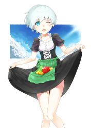 Rule 34 | 10s, 1girl, bad id, bad pixiv id, blue eyes, dress, food, fruit, german clothes, highres, kantai collection, nezumi doshi, one eye closed, open mouth, short hair, silver hair, skirt, smile, solo, z1 leberecht maass (kancolle)