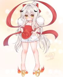 Rule 34 | 1girl, azur lane, barefoot, bloomers, blush, bow, breasts, brown eyes, camisole, feet, fei yuen (azur lane), fei yuen (flying clouds flailing pranks) (azur lane), full body, hair bow, hair intakes, hair ornament, hands on own hips, legs, lingyin (txey3274), long hair, low twintails, pom pom (clothes), pom pom hair ornament, red camisole, ribbon, small breasts, solo, standing, thighs, toes, twintails, underwear, very long hair, white bloomers, white hair
