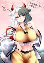 Rule 34 | 0-den, 1girl, absurdres, animal ears, animal print, bare shoulders, black hair, blush, breasts, collarbone, cow ears, cow girl, cow print, highres, horns, large breasts, looking at viewer, medium hair, midriff, multicolored hair, pink background, red eyes, red horns, smile, solo, touhou, two-tone hair, ushizaki urumi, white hair, wide sleeves