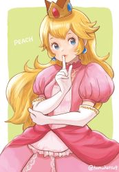 Rule 34 | 1girl, blonde hair, blue eyes, breasts, character name, commentary, crown, dress, earrings, elbow gloves, gloves, jewelry, long hair, looking at viewer, ma-hain-scarlet, mario (series), nintendo, pink dress, princess peach, solo, white gloves