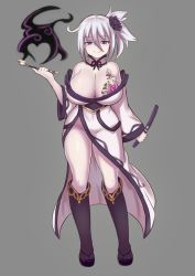 Rule 34 | 1girl, aura, bare shoulders, breast tattoo, breasts, cleavage, commentary, dark aura, detached collar, flower, full body, grey background, hair between eyes, hair flower, hair ornament, highres, holding, holding smoking pipe, japanese clothes, kiseru, large breasts, long sleeves, looking at viewer, monster girl encyclopedia, monster girl encyclopedia ii, nav (itsnav), no panties, nurarihyon (monster girl encyclopedia), off shoulder, pale skin, purple eyes, side ponytail, simple background, smile, smoke, smoking pipe, solo, sword, tattoo, wakizashi, weapon, white hair