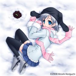 Rule 34 | 1girl, animal hat, blue eyes, boots, coat, hat, horiguchi hiroshi, looking up, lowres, mittens, original, plant, scarf, silver hair, skirt, snow, solo, striped clothes, striped scarf, thighhighs, zettai ryouiki