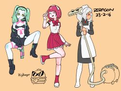 Rule 34 | 3girls, absurdres, android, artificial eye, artist name, black bra, black dress, bloody marie (skullgirls), boots, bow, bowtie, bra, burger, colored sclera, colored skin, cyberpunk (series), cyberpunk edgerunners, cyborg, dated, doll joints, dorothy haze, dress, food, full body, green hair, gun, hair ornament, hairband, high heel boots, high heels, highres, holding, holding gun, holding vacuum cleaner, holding weapon, jacket, jewelry, joints, maid, miniskirt, multiple girls, open clothes, open jacket, pleated skirt, r-dragon, rebecca (cyberpunk), red bow, red bowtie, red eyes, red hair, short sleeves, skirt, skull hair ornament, skullgirls, smile, striped clothes, striped hairband, thighhighs, twintails, underwear, va-11 hall-a, weapon, white hair, white thighhighs
