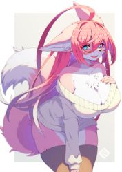 Rule 34 | 1girl, ahoge, animal ears, animal nose, blue eyes, blush, body fur, breasts, brown thighhighs, cleavage, collarbone, commentary request, fang, fox ears, fox girl, fox tail, furry, furry female, grey background, hair between eyes, highres, huge ahoge, large breasts, long hair, looking at viewer, open mouth, original, pink fur, red hair, smile, snout, solo, sweater, tail, thighhighs, tsuji, two-tone background, white background, white fur, yellow sweater