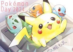 Rule 34 | 2024, absurdres, black eyes, blue eyes, bulbasaur, charmander, creatures (company), dated, fire, game boy, game boy (original), game freak, gen 1 pokemon, handheld game console, highres, murase (muraselelait), nintendo, no humans, open mouth, pikachu, pokemon, pokemon (creature), red eyes, smile, squirtle, twitter username, waving