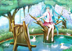 Rule 34 | 1girl, aqua eyes, aqua hair, bad id, bad pixiv id, barefoot, bird, canvas (object), duck, easel, feathers, hatsune miku, long hair, necktie, open mouth, sitting, skirt, solo, toki (toki-master), tree, twintails, very long hair, vocaloid, water, wings