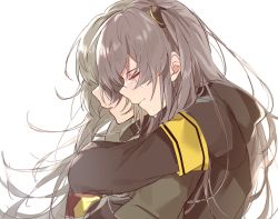 Rule 34 | 2girls, aogisa, bad id, bad pixiv id, black jacket, brown hair, camouflage, camouflage jacket, closed mouth, from side, girls&#039; frontline, hair ornament, highres, hug, hug from behind, jacket, long hair, multiple girls, profile, sad, simple background, tagme, tears, ump40 (girls&#039; frontline), ump45 (girls&#039; frontline), white background