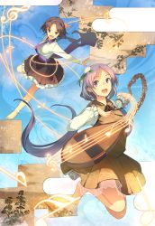 Rule 34 | 2girls, bad id, bad pixiv id, barefoot, beamed quavers, biwa lute, brown dress, brown eyes, brown hair, chain, dress, eho (icbm), flat sign, flower, hair flower, hair ornament, hairband, instrument, long hair, long sleeves, looking at viewer, lute (instrument), multiple girls, musical note, open mouth, outstretched arms, pink eyes, purple eyes, quaver, sash, shirt, skirt, smile, staff (music), touhou, treble clef, tsukumo benben, tsukumo yatsuhashi, twintails, very long hair