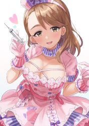 Rule 34 | 1girl, belt, blush, breasts, brown hair, cleavage, cleavage cutout, clothing cutout, collarbone, cowboy shot, dot nose, dress, earrings, frilled dress, frills, gloves, green eyes, hairband, hands up, heart, heart earrings, highres, holding, holding syringe, idolmaster, idolmaster cinderella girls, idolmaster cinderella girls starlight stage, jewelry, large breasts, layered dress, long hair, looking at viewer, open mouth, pink belt, pink dress, pink gloves, pink hairband, shinonoko (tubamecider), short sleeves, simple background, skirt, smile, solo, striped clothes, striped collar, striped gloves, striped skirt, striped sleeves, syringe, utility belt, white background, yanagi kiyora