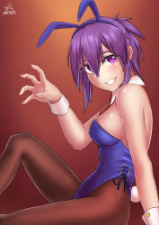Rule 34 | 1girl, absurdres, animal ears, bare shoulders, blue leotard, blush, bow, bowtie, breasts, brown background, brown pantyhose, curled fingers, detached collar, fake animal ears, feet out of frame, grin, highres, leotard, looking at viewer, medium breasts, naberius, neckerchief, original, pantyhose, playboy bunny, purple eyes, purple hair, rabbit ears, rabbit girl, rabbit tail, red neckwear, short hair, sideboob, signature, sitting, smile, solo, strapless, strapless leotard, tail, wrist cuffs
