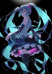Rule 34 | 1girl, 39, absurdres, bare shoulders, black background, black thighhighs, blouse, blue eyes, blue hair, detached sleeves, grey shirt, hair ornament, hatsune miku, highres, long hair, looking at viewer, mele ck, necktie, shirt, shoulder tattoo, skirt, sleeveless, sleeveless shirt, smile, solo, tattoo, thighhighs, twintails, very long hair, vocaloid