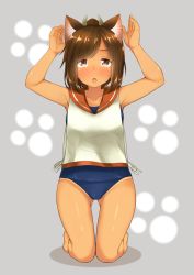 Rule 34 | 10s, 1girl, absurdres, animal ears, arms up, blush, brown eyes, brown hair, cat ears, collarbone, gluteal fold, go-1, grey background, hair ornament, highres, i-401 (kancolle), kantai collection, kemonomimi mode, kneeling, looking at viewer, one-piece swimsuit, open mouth, paw print, ponytail, school uniform, sleeveless, solo, swimsuit, swimsuit under clothes, tan, tanline
