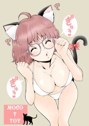 Rule 34 | 1girl, ^ ^, absurdres, ahoge, animal ears, artist name, bikini, black cat, bow, breasts, cat, cat ears, cat tail, cleavage, clenched hands, closed eyes, collarbone, closed eyes, from above, glasses, heart, highres, large breasts, looking up, mocottoy, motion lines, original, puckered lips, red bow, short hair, silhouette, simple background, solo, speech bubble, swimsuit, tail, tail bow, tail ornament, thigh gap, watermark, white bikini