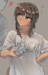 Rule 34 | 1boy, 1girl, ?, alternate costume, blouse, brown hair, clothes writing, commentary, english commentary, engrish commentary, ergot, faceless, faceless male, fubuki (kancolle), green eyes, green nails, grey background, hair between eyes, hand on own hip, highres, kantai collection, looking to the side, nail polish, shirt, simple background, t-shirt, upper body, white shirt