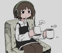 Rule 34 | 1girl, :/, black dress, black eyes, brown hair, closed mouth, coffee, coffee mug, collared shirt, cup, dress, dress shirt, feet out of frame, furrowed brow, grey background, hands up, headphones, holding, holding cup, long sleeves, looking ahead, mug, no pupils, on chair, original, pants, pants under dress, pinafore dress, shirt, short dress, short hair, simple background, sitting, sleeveless, sleeveless dress, solo, steam, torosakana, white shirt