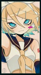 Rule 34 | 1girl, :3, absurdres, arm tattoo, arm up, armpits, black border, blonde hair, blue eyes, blush stickers, border, bow, closed mouth, cropped torso, hair bow, hair ornament, hairclip, headphones, highres, kagamine rin, kansou (kanso 1), looking at viewer, microphone, neckerchief, sailor collar, shirt, short hair, single blush sticker, sleeveless, sleeveless shirt, solo, tattoo, vocaloid, yellow neckerchief