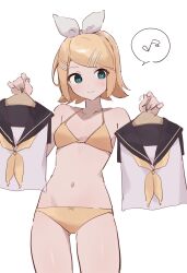 Rule 34 | 1girl, aqua eyes, black sailor collar, blonde hair, bow, bow hairband, bra, breasts, collarbone, commentary, cowboy shot, cropped shirt, eighth note, hair bow, hair ornament, hairband, hairclip, highres, holding clothes hanger, kagamine rin, musical note, navel, neckerchief, panties, rakugaki ningen, sailor collar, school uniform, shirt, short hair, simple background, small breasts, smile, solo, spoken musical note, standing, swept bangs, underwear, underwear only, unworn shirt, vocaloid, white background, white shirt, yellow bra, yellow neckerchief, yellow panties