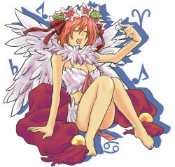 Rule 34 | 1girl, :d, aries (symbol), barefoot, bikini, bow, breasts, cancer (symbol), cleavage, closed eyes, commentary request, feathered wings, full body, hair between eyes, hair ribbon, large bow, large breasts, long bangs, minorigo flow, musical note, open mouth, pink hair, ragnarok online, red bow, red ribbon, ribbon, short hair, sitting, smile, solo, swimsuit, wanderer (ragnarok online), white background, white bikini, white wings, wings
