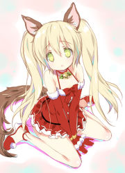 Rule 34 | 1girl, animal ears, bare legs, bare shoulders, bell, blonde hair, bluehole studio, blush, choker, christmas, elbow gloves, elin, emily (pure dream), fox ears, fox tail, gloves, green eyes, jingle bell, long hair, looking at viewer, red gloves, santa costume, sitting, solo, tail, tera online, twintails, wariza