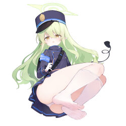 Rule 34 | 1girl, absurdres, ass, black hat, black jacket, black skirt, black tail, blue archive, blush, clothes pull, demon tail, gloves, green hair, green halo, hair between eyes, halo, hat, highres, hikari (blue archive), jacket, long hair, long sleeves, looking at viewer, open mouth, panties, pantyhose, pantyhose pull, peaked cap, pleated skirt, pointy ears, rika (mikunopantsu), simple background, skirt, solo, tail, underwear, white background, white gloves, white panties, white pantyhose, yellow eyes