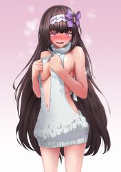 Rule 34 | 1girl, backless dress, backless outfit, bare shoulders, black hair, blush, breasts, dress, embarrassed, fate/grand order, fate (series), full-face blush, hair ribbon, hairband, highres, long hair, looking at viewer, medium breasts, meme attire, naked sweater, navel, open mouth, osakabehime (fate), pink background, purple eyes, ribbon, solo, standing, sweat, sweatdrop, sweater, sweater dress, nervous sweating, taku (user nxgk7748), turtleneck, turtleneck sweater, very long hair, virgin killer sweater, wavy mouth