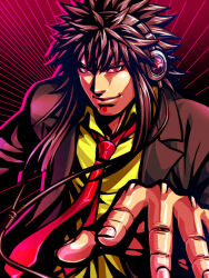 Rule 34 | 1boy, beatmania, beatmania iidx, black hair, black jacket, blazer, closed mouth, collared shirt, commentary request, fingernails, headphones, jacket, kagelow, long hair, looking at viewer, male focus, medium bangs, necktie, red background, red eyes, red necktie, shem, shirt, sidelocks, smile, solo, spiked hair, sunburst, sunburst background, upper body, yellow shirt