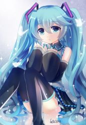 Rule 34 | 10s, 1girl, 2016, bad id, bad pixiv id, detached sleeves, felicia-val, hatsune miku, long hair, looking at viewer, necktie, sitting, skirt, solo, thighhighs, twintails, very long hair, vocaloid