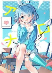 Rule 34 | 1girl, absurdres, arona (blue archive), blue archive, blue eyes, blue hair, blue shirt, blush, braid, chair, choker, collarbone, colored inner hair, desk, feet out of frame, guzangnanfeng, heart, highres, holding, holding umbrella, long sleeves, looking at viewer, multicolored hair, open mouth, pink hair, pleated skirt, revision, sailor collar, school chair, school desk, shirt, short hair, single braid, sitting, skirt, smile, solo, spoken heart, umbrella, white choker, white sailor collar, white skirt