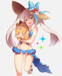Rule 34 | 1girl, animal, bikini, bikini skirt, blue bikini, blue bow, blue eyes, blue ribbon, blush, boar, bow, collarbone, fate/grand order, fate (series), flip-flops, hat, hat bow, highres, holding, holding animal, jewelry, long hair, looking at viewer, marie antoinette (fate), marie antoinette (swimsuit caster) (third ascension) (fate), navel, necklace, parted lips, ribbon, sandals, shishikai, silver hair, smile, swimsuit, twintails