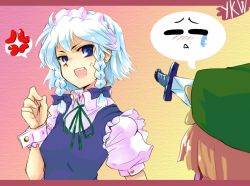 Rule 34 | 2girls, female focus, gradient background, hong meiling, izayoi sakuya, knife, knife in head, letterboxed, multiple girls, object through head, spoken expression, throwing knife, touhou, weapon