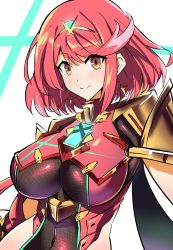 Rule 34 | 1girl, armor, breasts, chest jewel, cleavage cutout, clothing cutout, earrings, headpiece, highres, jewelry, looking at viewer, nintendo, one-hour drawing challenge, pyra (xenoblade), red eyes, red hair, short hair, smile, solo, swept bangs, synchroman, xenoblade chronicles (series), xenoblade chronicles 2