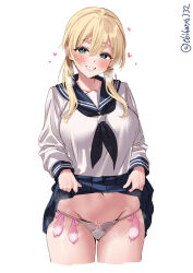 Rule 34 | 1girl, black neckerchief, blonde hair, blue sailor collar, blue skirt, blush, breasts, clothes lift, collarbone, commentary, condom, condom belt, cropped legs, ebifurya, foreshortening, gluteal fold, grin, groin, hair between eyes, heart, heart-shaped pupils, heavy breathing, highres, kantai collection, large breasts, lifting own clothes, long hair, long sleeves, looking at viewer, low twintails, navel, neckerchief, panties, pleated skirt, prinz eugen (kancolle), sailor collar, shirt, sidelocks, simple background, skirt, skirt lift, smile, solo, steaming body, sweat, symbol-shaped pupils, thighs, twintails, twitter username, underwear, used condom, white background, white panties, white shirt