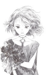 Rule 34 | 1girl, choker, closed mouth, collarbone, crosshatching, eyebrows, eyelashes, floating hair, greyscale, hatching (texture), highres, looking at viewer, matayoshi, monochrome, nostrils, original, serious, short hair, signature, simple background, sketch, solo, staring, straight-on, upper body, white background, wind