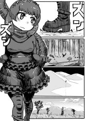 Rule 34 | 10s, 1girl, bad id, bad pixiv id, blush, boots, closed mouth, comic, crossover, day, elbow gloves, expressionless, frilled skirt, frills, gloves, godzilla, godzilla (series), greyscale, hairband, hands up, head tilt, highres, kemono friends, kishidashiki, looking to the side, monochrome, night, outdoors, pantyhose, personification, shin godzilla, shirt, short hair, short sleeves, silent comic, skirt, solo, tail, walking