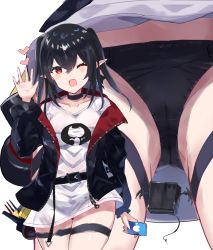Rule 34 | 1girl, arknights, bad id, bad pixiv id, belt, black belt, black choker, black hair, black jacket, black panties, blush, cameltoe, choker, closure (arknights), collarbone, commentary request, cowboy shot, cube, female focus, gluteal fold, hair between eyes, hand up, heart, highres, holding, jacket, long hair, long sleeves, mtu virus, multiple views, no pants, nonon (xenonbot), one eye closed, open clothes, open jacket, open mouth, panties, pantyshot, pointy ears, red eyes, shirt, spoken heart, standing, t-shirt, thigh strap, thighs, two side up, underwear, upskirt, waving, white shirt