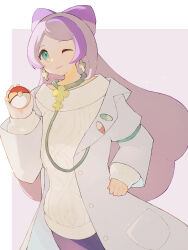 Rule 34 | 1girl, ;), blush, closed mouth, coat, commentary request, creatures (company), earrings, erua ( 8eru), game freak, green eyes, hand up, highres, holding, holding poke ball, jewelry, long hair, long sleeves, miriam (pokemon), nail polish, nintendo, one eye closed, open clothes, open coat, poke ball, poke ball (basic), pokemon, pokemon sv, purple hair, purple skirt, skirt, smile, solo, sweater, yellow nails, yellow sweater