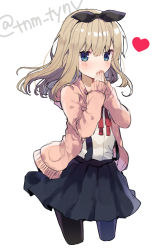 Rule 34 | 1girl, bad id, bad tumblr id, black bow, black pantyhose, black skirt, blonde hair, blush, bow, copyright request, cowboy shot, cropped legs, hair bow, hairband, hands up, heart, highres, ikeuchi tanuma, jacket, long hair, long sleeves, looking at viewer, neck ribbon, own hands together, pantyhose, pleated skirt, red ribbon, ribbon, shirt, simple background, skirt, sleeves past wrists, solo, standing, suspender skirt, suspenders, twitter username, white background, white shirt