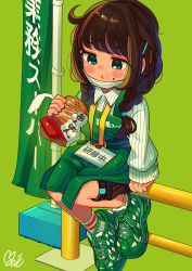 Rule 34 | 1girl, absurdres, apron, aqua eyes, blush, braid, brown hair, collared shirt, eating, food, food on face, green apron, green background, green footwear, green theme, hair ornament, hairclip, highres, huge filesize, long hair, mask, moai (more e 4km), mouth mask, original, shadow, shirt, shoes, signature, simple background, sitting, socks, solo, striped clothes, striped shirt, twin braids, white mask, white shirt, white socks
