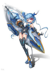 Rule 34 | 1girl, :d, absurdres, armor, bad id, bad pixiv id, black thighhighs, blue hair, bodysuit, fang, gd. fengzi, highres, horns, huge weapon, legs, open mouth, red eyes, smile, thighhighs, weapon
