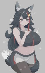 Rule 34 | 1girl, :&lt;, @ @, absurdres, alternate costume, animal ear fluff, animal ears, bare shoulders, black hair, black pantyhose, black shorts, black tank top, blush, breasts, commentary, crop top, curvy, double-parted bangs, english commentary, flipped hair, gabai, grey background, grey eyes, grey hair, hair ornament, hairclip, hand on own chest, heart, highres, hololive, huge breasts, long hair, midriff, miofa (ookami mio), mixed-language commentary, multicolored clothes, multicolored hair, multicolored shorts, navel, necktie, ookami mio, pantyhose, red hair, red necktie, red shorts, sailor collar, shorts, sidelocks, solo, steam, steaming body, stomach, streaked hair, tail, tail around own leg, tail wrap, tank top, torn clothes, torn pantyhose, variant set, virtual youtuber, white shorts, wide hips, wolf ears, wolf girl, wolf tail
