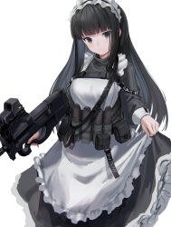 Rule 34 | 1girl, ammunition, apron, black hair, blunt bangs, blush, breasts, bullet, bullpup, character request, commentary request, copyright request, cowboy shot, dress, fn 5.7x28mm, frilled apron, frilled dress, frilled headwear, frills, grey eyes, gun, handgun cartridge, high-capacity magazine, highres, holding, holding weapon, horizontal magazine, large breasts, long hair, long sleeves, magazine (weapon), maid, p90, parted lips, pdw cartridge, personal defense weapon, pistol cartridge, puffy long sleeves, puffy sleeves, see-through, sidelocks, simple background, solo, sthk, straight hair, strap, submachine gun, translucent, trigger discipline, very long hair, weapon, white apron, white background