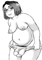 Rule 34 | absurdres, balls in panties, big belly, breasts, bulge, cameltail, cowboy shot, cum, fat, flaccid, futanari, glasses, hairy, happy, highres, holding, holding clothes, holding panties, holding underwear, loincloth, medium breasts, medium hair, monochrome, naughty face, newhalf, nipples, no pussy, obese, pale skin, panties, penis in panties, pubic hair, puffy nipples, shinozaki rei, short hair, solo, standing, thick thighs, thighs, topless, underwear, white loincloth, white panties