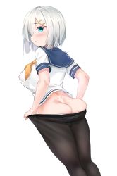 Rule 34 | 10s, 1girl, anti (0324), ass, black pantyhose, blue eyes, blush, breasts, clothes pull, hair ornament, hair over one eye, hairclip, hamakaze (kancolle), highres, kantai collection, large breasts, looking back, pantyhose, pantyhose pull, parted lips, sailor collar, school uniform, serafuku, short hair, silver hair, simple background, solo, white background