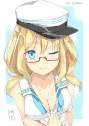 Rule 34 | 10s, 1girl, bad id, bad twitter id, bare shoulders, blonde hair, blue eyes, breasts, cleavage, close-up, glasses, hair between eyes, halftone, halftone background, hat, highres, i-8 (kancolle), kantai collection, long hair, low twintails, nishimi shin, one eye closed, peaked cap, semi-rimless eyewear, short hair, smile, solo, twintails