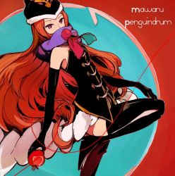 Rule 34 | 10s, 1girl, apple, bad id, bad pixiv id, bare shoulders, black gloves, black thighhighs, boots, copyright name, corset, elbow gloves, food, francisco valle, fruit, gloves, hat, holding, holding food, holding fruit, long hair, mawaru penguindrum, orange hair, princess of the crystal, purple eyes, scarf, solo, takakura himari, thigh boots, thighhighs, very long hair
