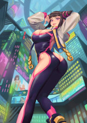 Rule 34 | 1girl, absurdres, aolo, arm behind back, arms up, artist request, ass, ass cutout, black hair, blunt bangs, breasts, butt crack, cleavage, clothing cutout, commission, english text, from below, han juri, highres, hip vent, long hair, neon trim, no panties, purple eyes, revealing clothes, rubimo, solo, street fighter, thighs