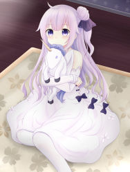 Rule 34 | 1girl, absurdres, ahoge, azur lane, bare shoulders, black bow, black ribbon, blush, bow, closed mouth, commentary, detached sleeves, dress, feet out of frame, hair bun, hair ribbon, highres, indoors, long hair, long sleeves, looking at viewer, hugging object, one side up, pantyhose, purple eyes, purple hair, ribbon, rizera, side bun, sidelocks, single hair bun, single side bun, sitting, sleeves past wrists, smile, solo, stuffed animal, stuffed pegasus, stuffed toy, stuffed unicorn, stuffed winged unicorn, unicorn (azur lane), very long hair, white dress, white pantyhose, wooden floor