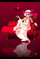 Rule 34 | 1girl, alternate costume, bad id, bad pixiv id, barefoot, blood, couch, female focus, frills, full body, full moon, garamgum, hat, light purple hair, mob cap, moon, open clothes, red eyes, red moon, red upholstery, reflection, remilia scarlet, sitting, solo, touhou, wings