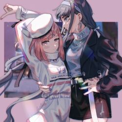 Rule 34 | 2girls, alternate costume, arm around waist, arms up, belt, black jacket, black skirt, blue nails, blush stickers, casual, chabashira tenko, closed mouth, commentary, cowboy shot, danganronpa (series), danganronpa v3: killing harmony, earrings, hair ornament, hair ribbon, hairclip, hand on own hip, hat, highres, hoop earrings, jacket, jewelry, lemontea, long hair, long sleeves, looking at viewer, multiple girls, nail polish, pink background, purple nails, red eyes, red hair, red nails, ribbon, shirt, skirt, very long hair, white belt, white headwear, white ribbon, white shirt, white skirt, x hair ornament, yumeno himiko