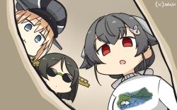 Rule 34 | 3girls, alternate costume, bismarck (kancolle), black hair, blonde hair, casual, commentary request, dated, eating, empty eyes, food, fork, from below, hair flaps, hair ornament, hairclip, hamu koutarou, highres, jingei (kancolle), kantai collection, kirishima (kancolle), long hair, looking at viewer, low ponytail, meme, multiple girls, nice boat (meme), open mouth, pasta, red eyes, short hair, signature, spaghetti, sunglasses, sweater, upper body, white sweater